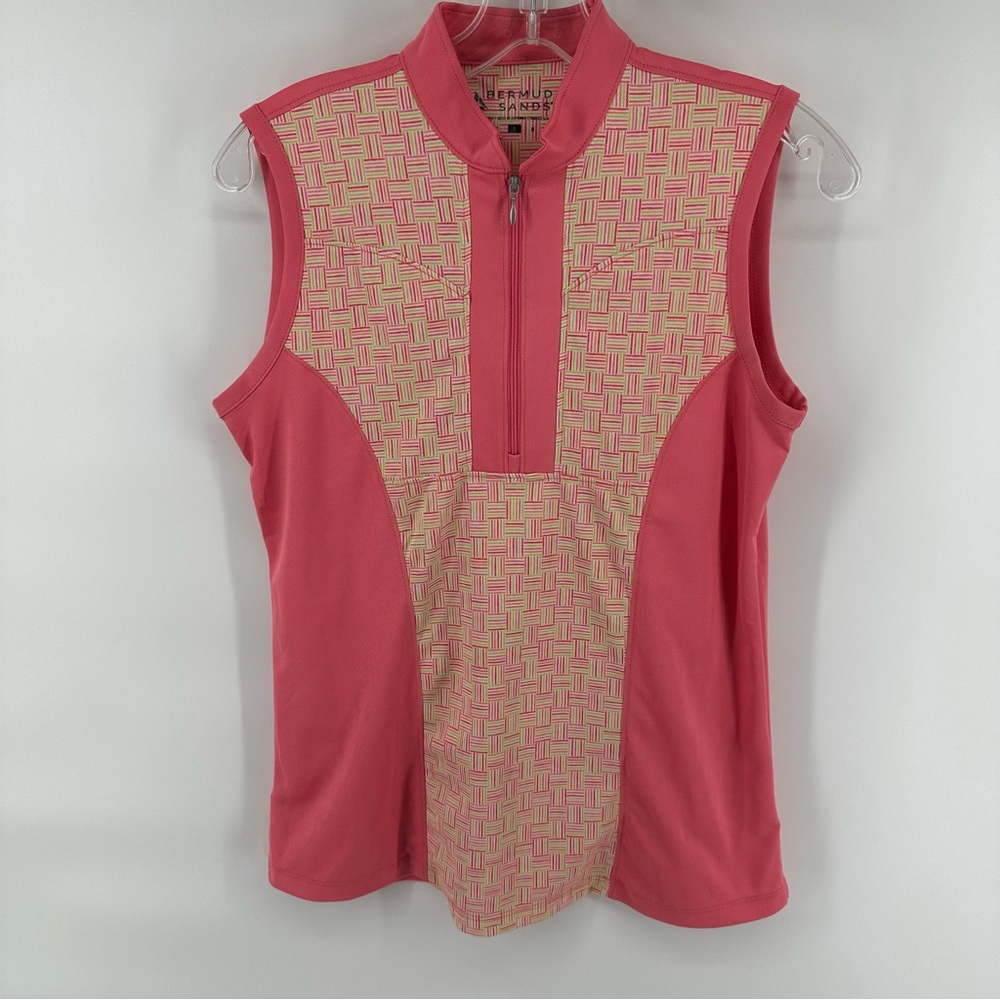 Bermuda Sands Women’s Sleeveless Golf Polo 1/4 zip geometric pink green Small